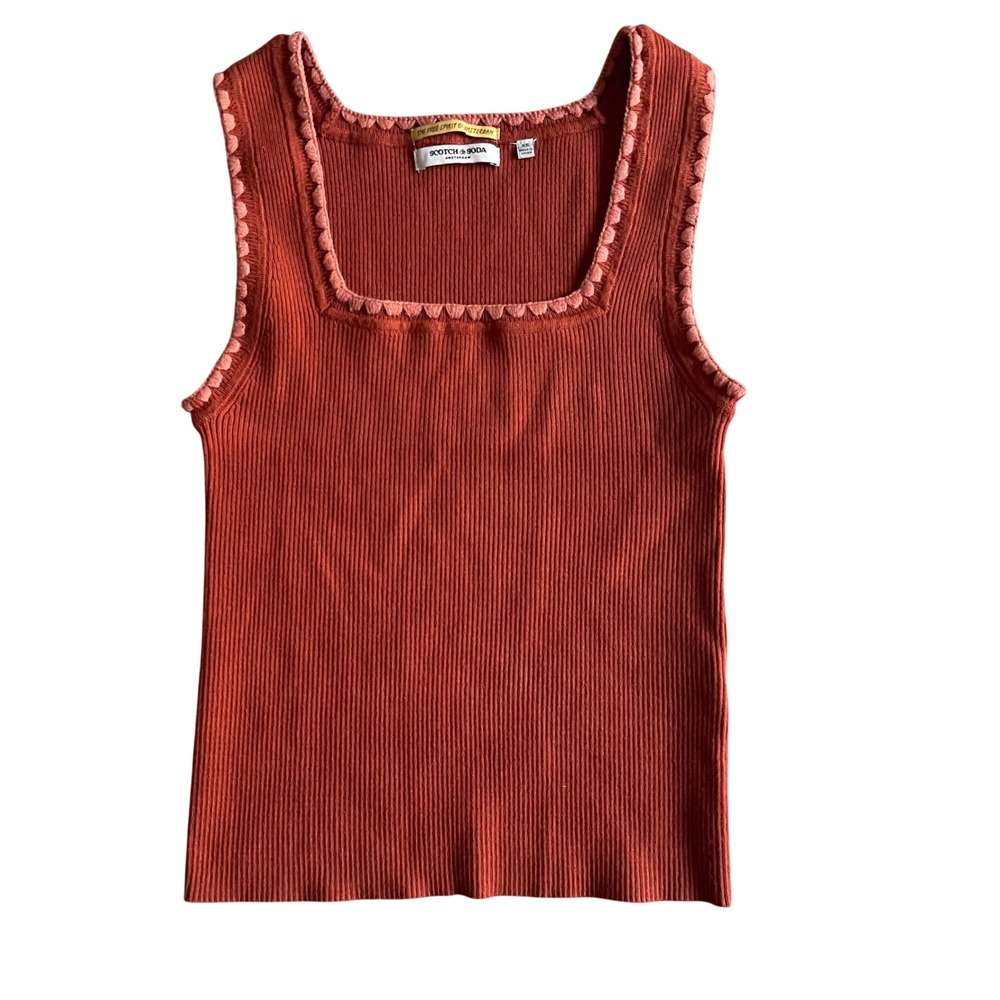 Scotch & Soda Tank Top Women XS Orange Ribbed Square Neck Crochet Trim Boho Chic